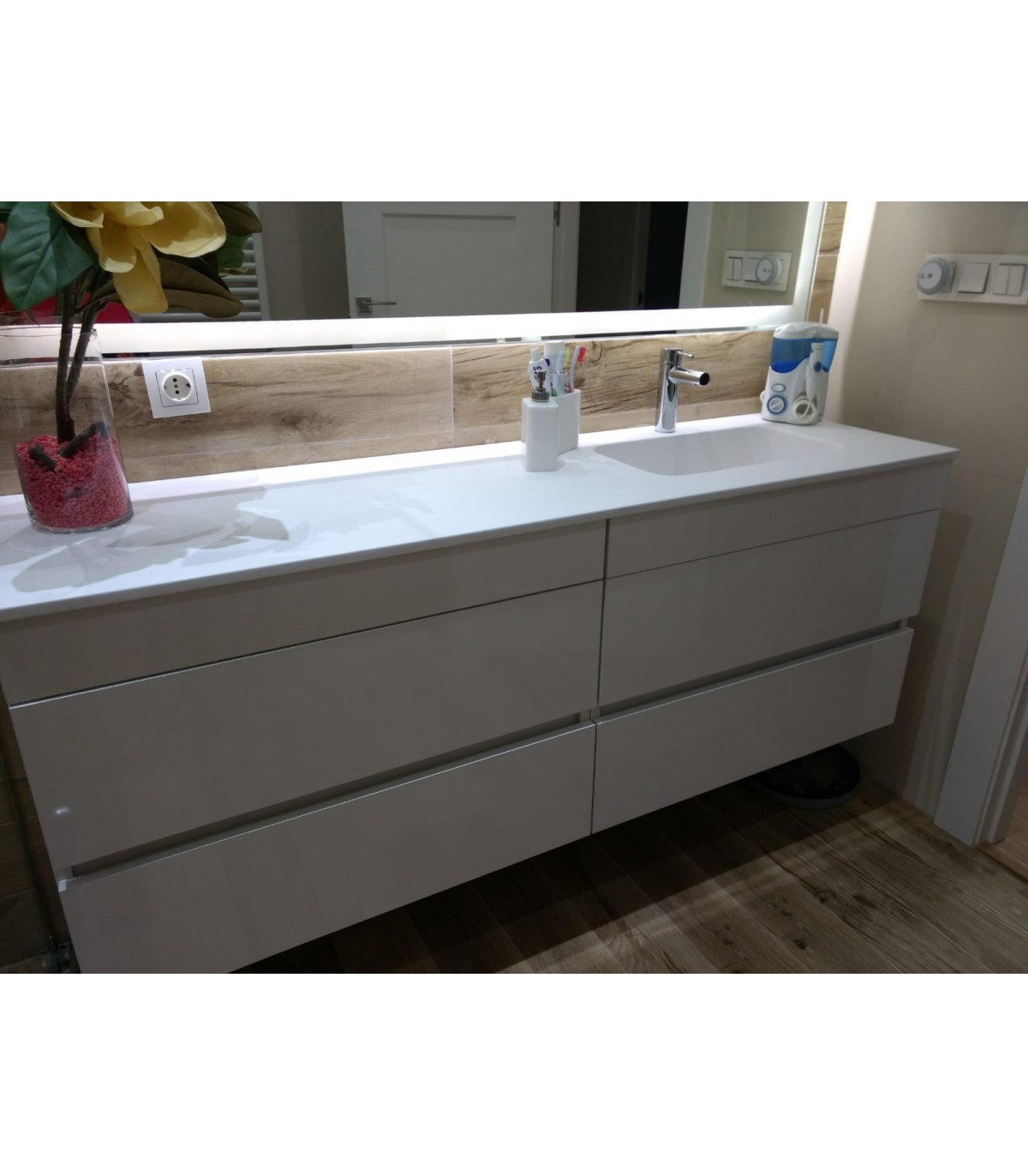 Mueble de baño doble seno de teca y mármol gris 160 cm